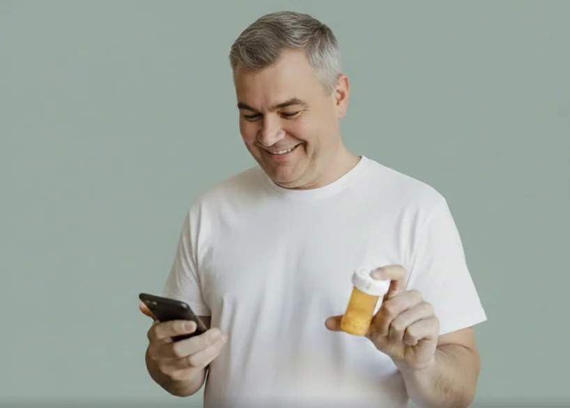 Man managing weight loss medication with phone